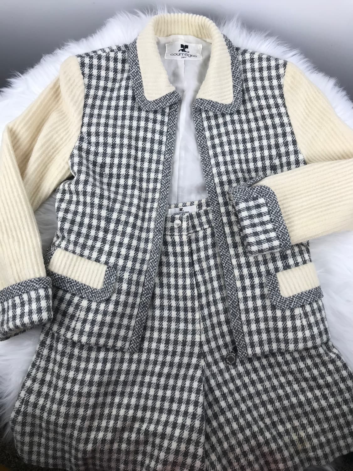 꾸레쥬 체크 투피스 세트 하운드 울 셋업 빈티지자켓 팬츠 트위드 셋업 상품이미지1