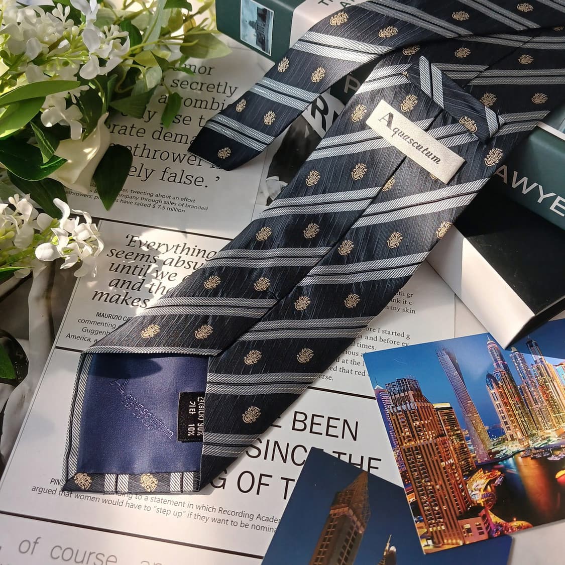 아쿠아스큐텀 스트라이프 로고 패턴 넥타이 9.4cm A+등급 E778 상품이미지4