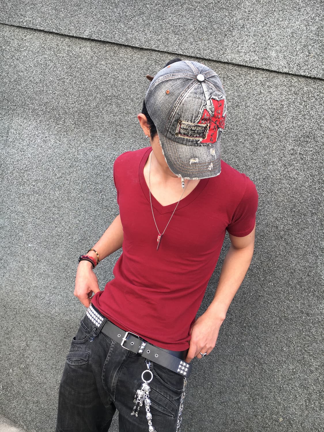 Burgundy V-neck T-shirt 상품이미지2