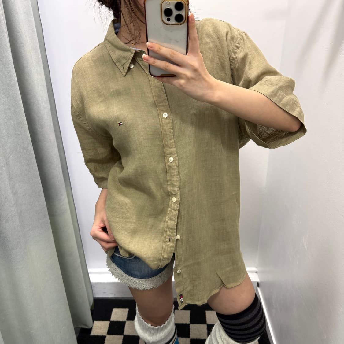 타미힐피거 카키 레귤러핏 린넨 반팔 셔츠 상품이미지2