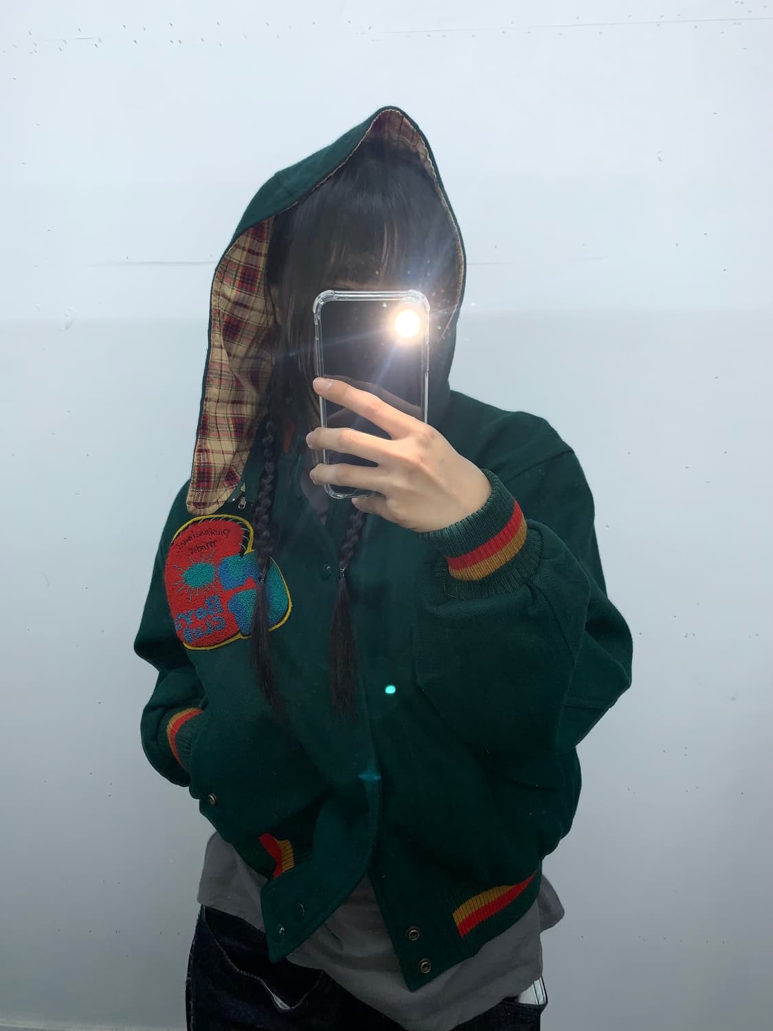 체크 후드 90s 패치 울봄버 상품이미지1