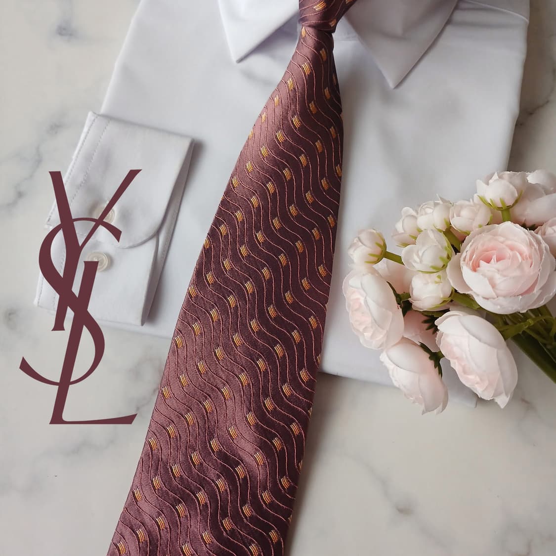 입생로랑 실크 버건디 웨이브 패턴 넥타이 9.7cm A+등급 A19392 상품이미지2