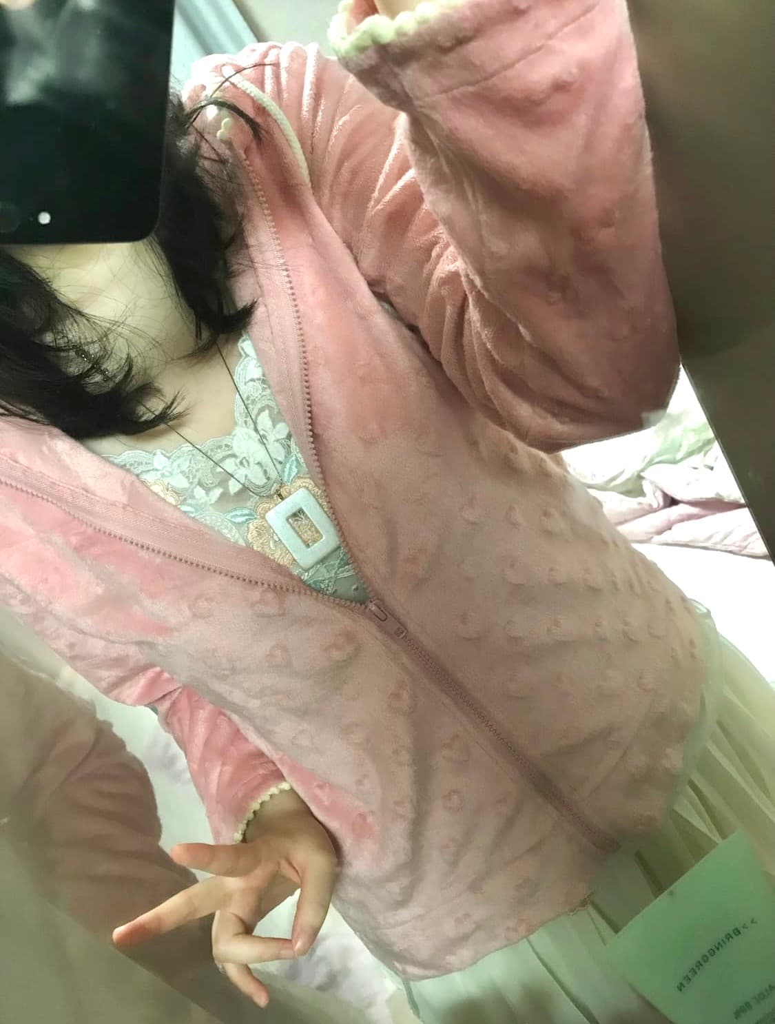 💖대장💖 핑크 하트 펀칭 벨벳 후드집업 | 양산 갸루 빈티지 페어리 상품이미지1