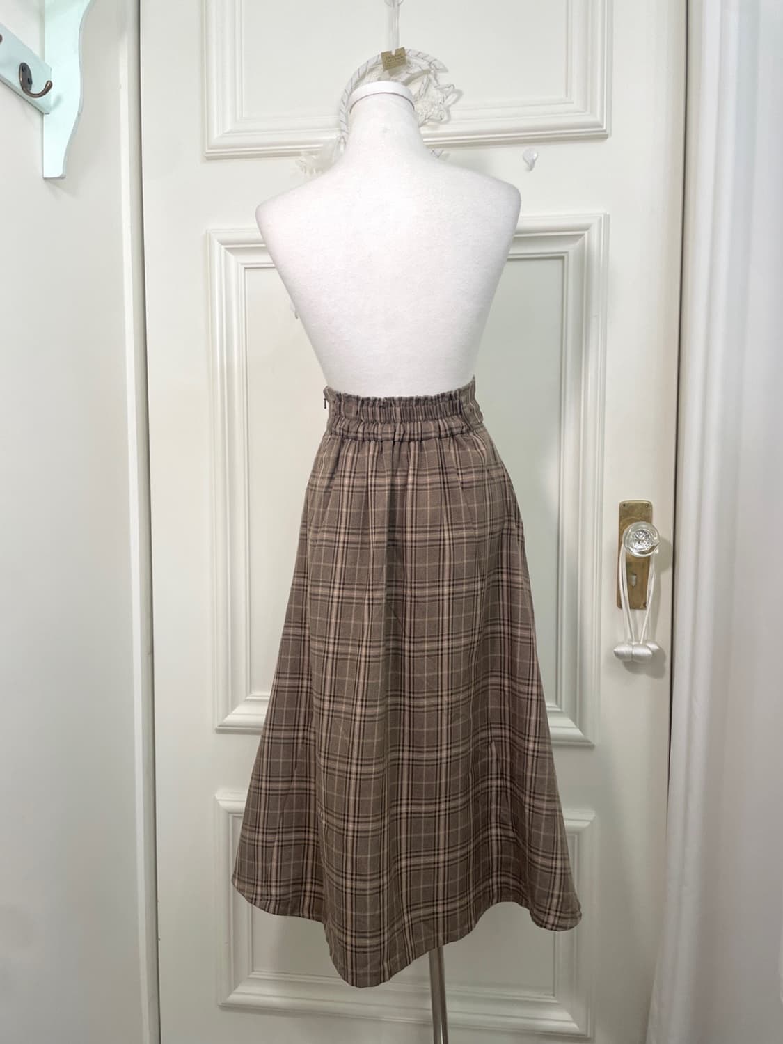pink brown check back banding skirt 상품이미지3