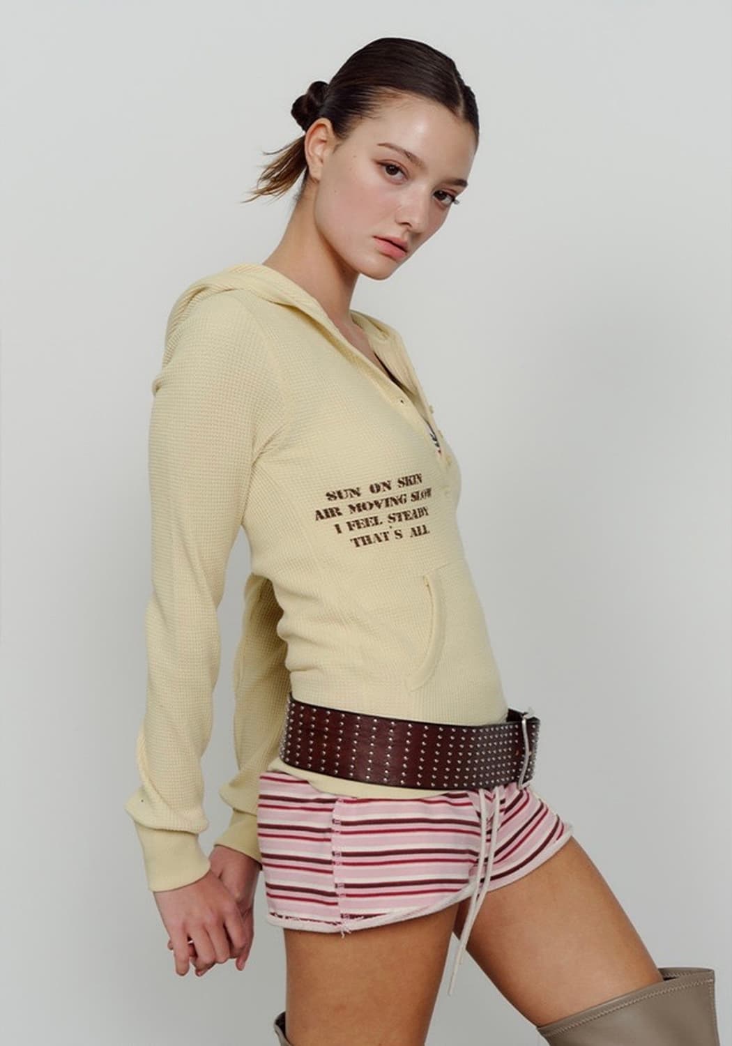 asifcalie 에즈이프캘리 와플 후디 버튼 롱 슬리브 (옐로우) 상품이미지3