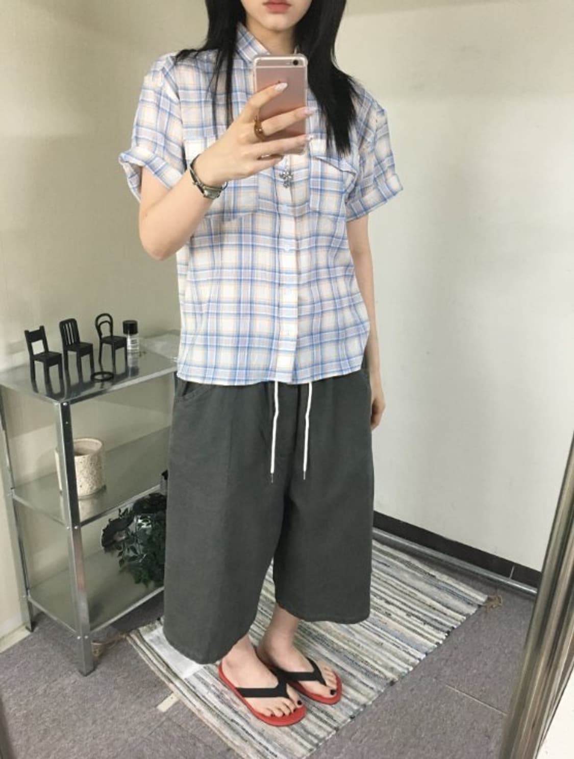 양포켓 크롭 체크 반팔셔츠(Unisex) 상품이미지4