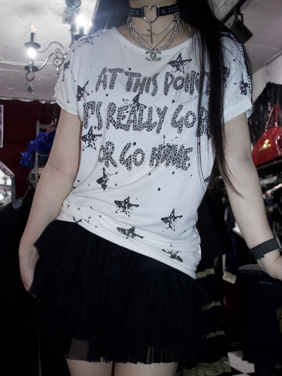 화이트 펑크 별무늬 반팔 티셔츠 상품이미지1