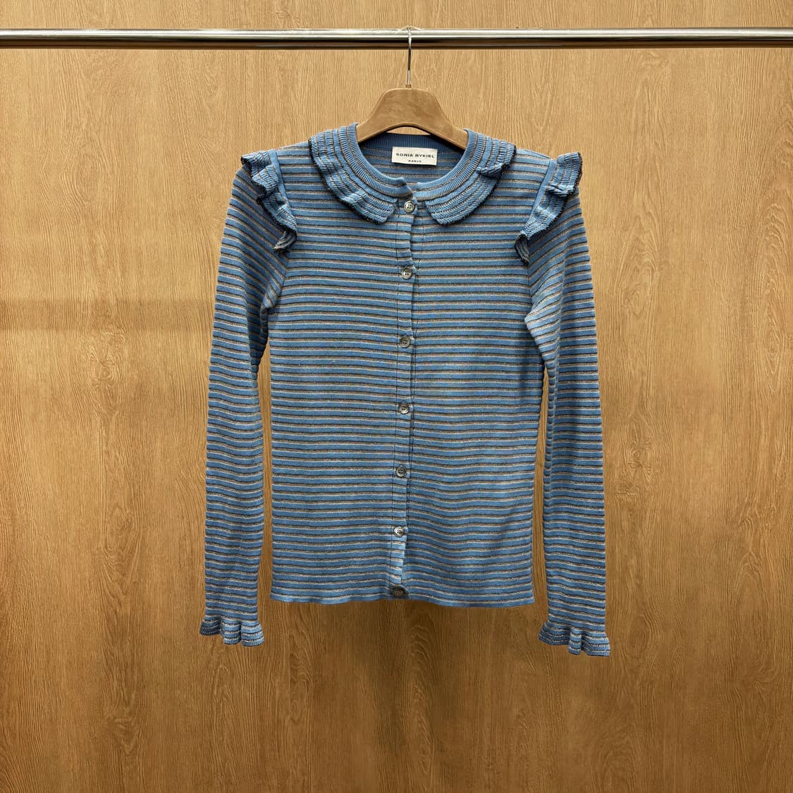 소니아 리키엘 라운드넥 니트 가디건 러플 골드 스트라이프 디테일 블루 상품이미지2