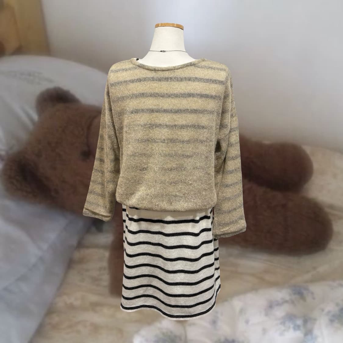 빈티지 오트밀 스트라이프 레이어드 니트 원피스 상품이미지4