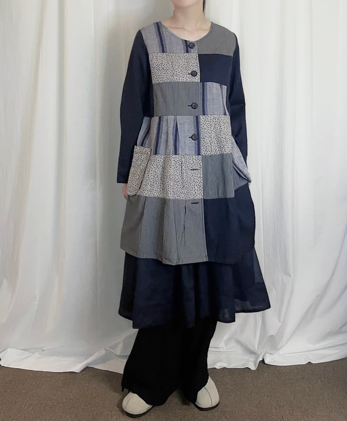 Patchwork Long Shirt - Navy 상품이미지2
