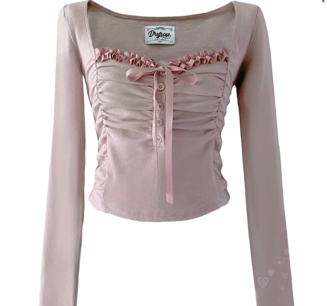 [드라이로즈] 셔링 레이스 버튼 탑 핑크 / 프릴 리본 발레코어 로걀 상품이미지1