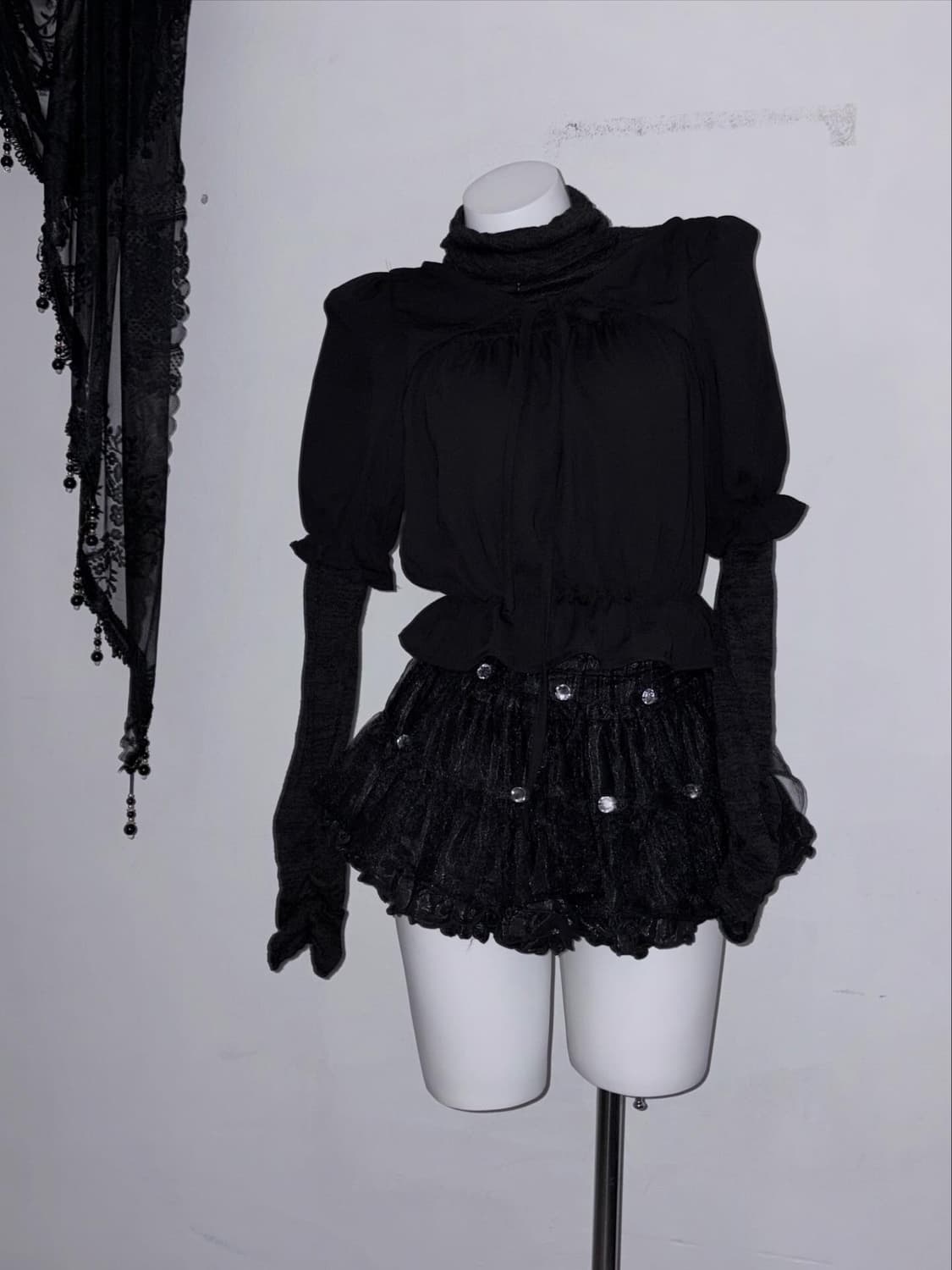 다크로맨틱 2피스 세트 셔링 리본 고스 공겜여주 고딕 상품이미지2