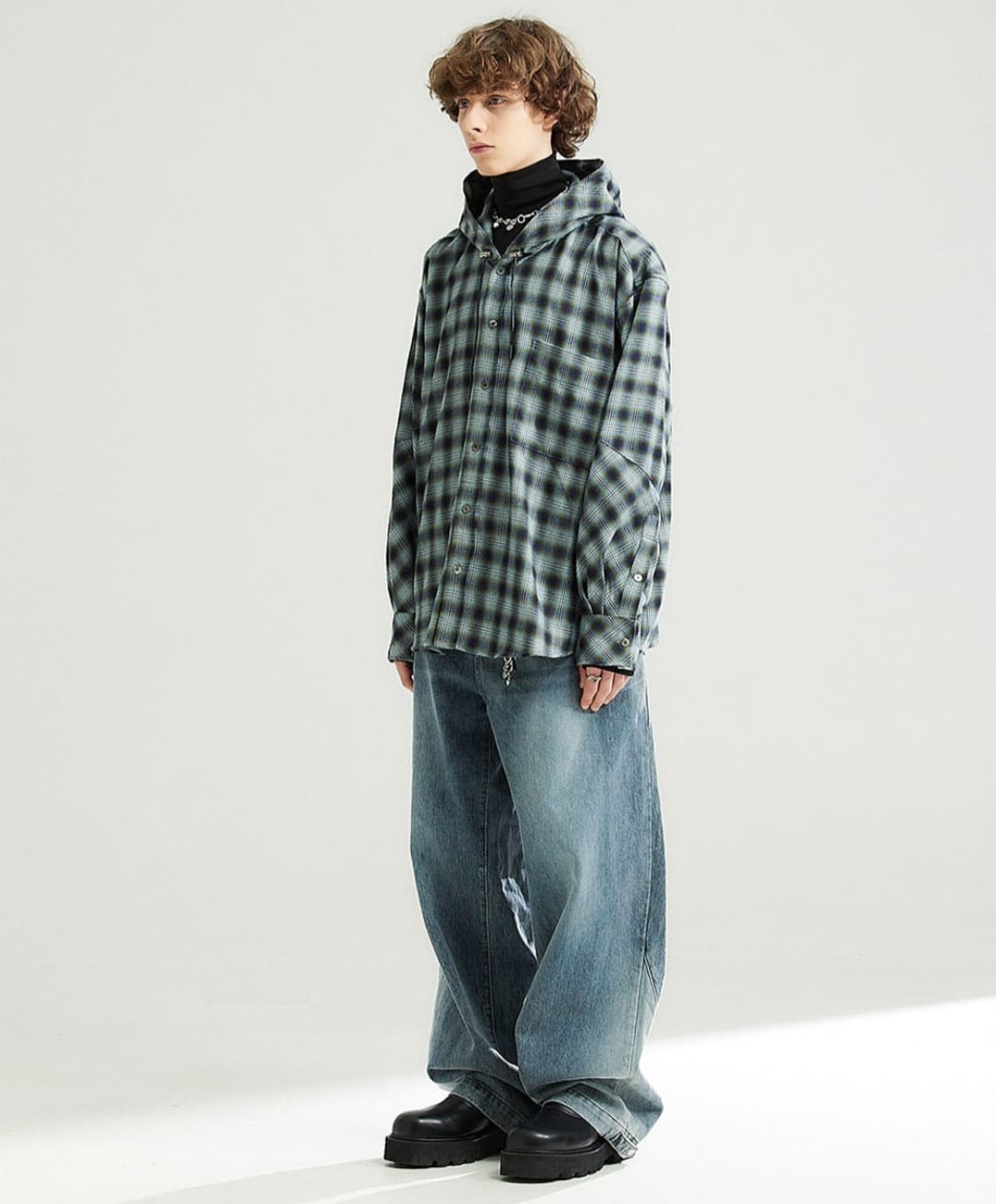알렌느 체크후드셔츠 블루 1 상품이미지2