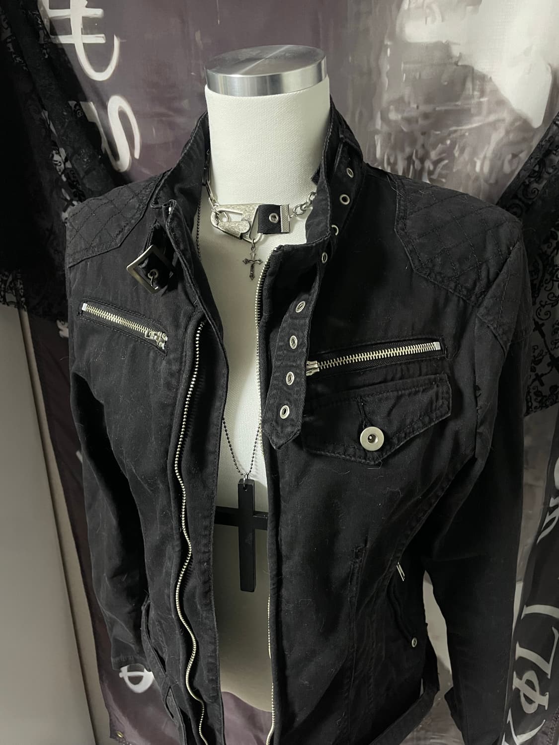 Vkei 00s 벨티드넥 지퍼 라이더 야상코튼자켓 다크웨어emo버커루맛 상품이미지4