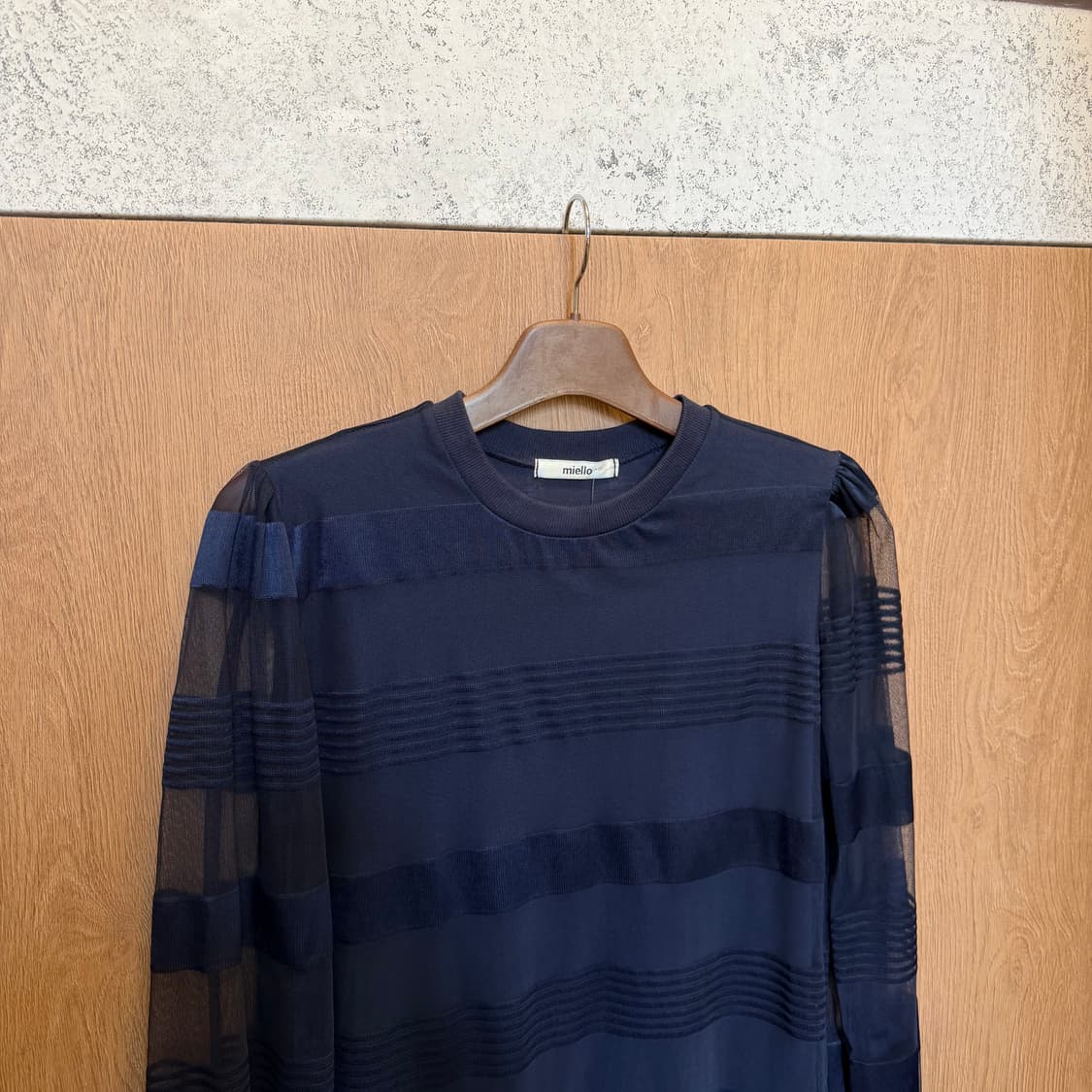 빈티지 긴팔 블라우스 쉬폰 시스루 스트라이프 배색 디테일 네이비 상품이미지4