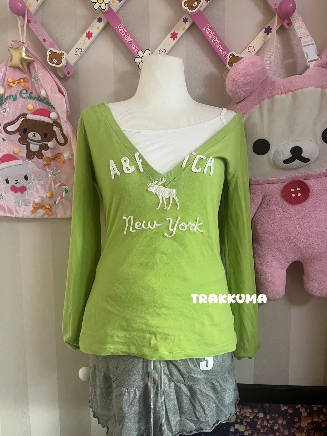 아베크롬비 브이넥 긴팔티셔츠 딱붙롱슬리브 연두 y2k  상품이미지1