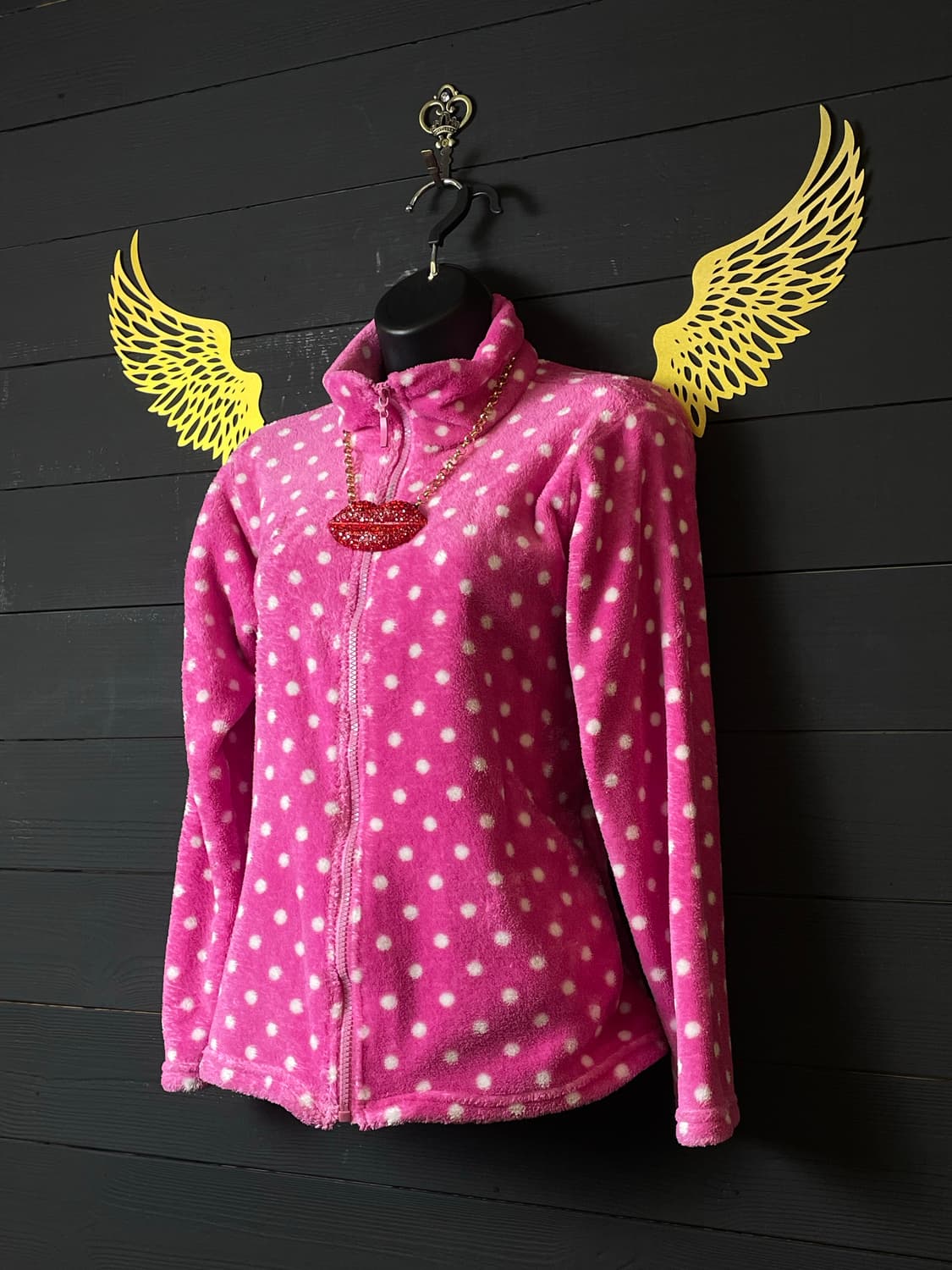 JPN 갸루 도트 패턴 쿨 핫핑크 퍼 후드집업 상품이미지2