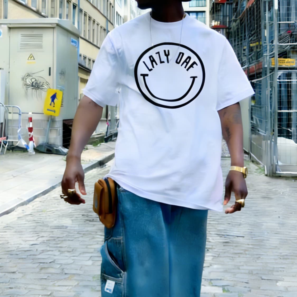 [새상품 L사이즈] LAZY DAF 웃음표 프린트 커스텀 반팔 상품이미지1