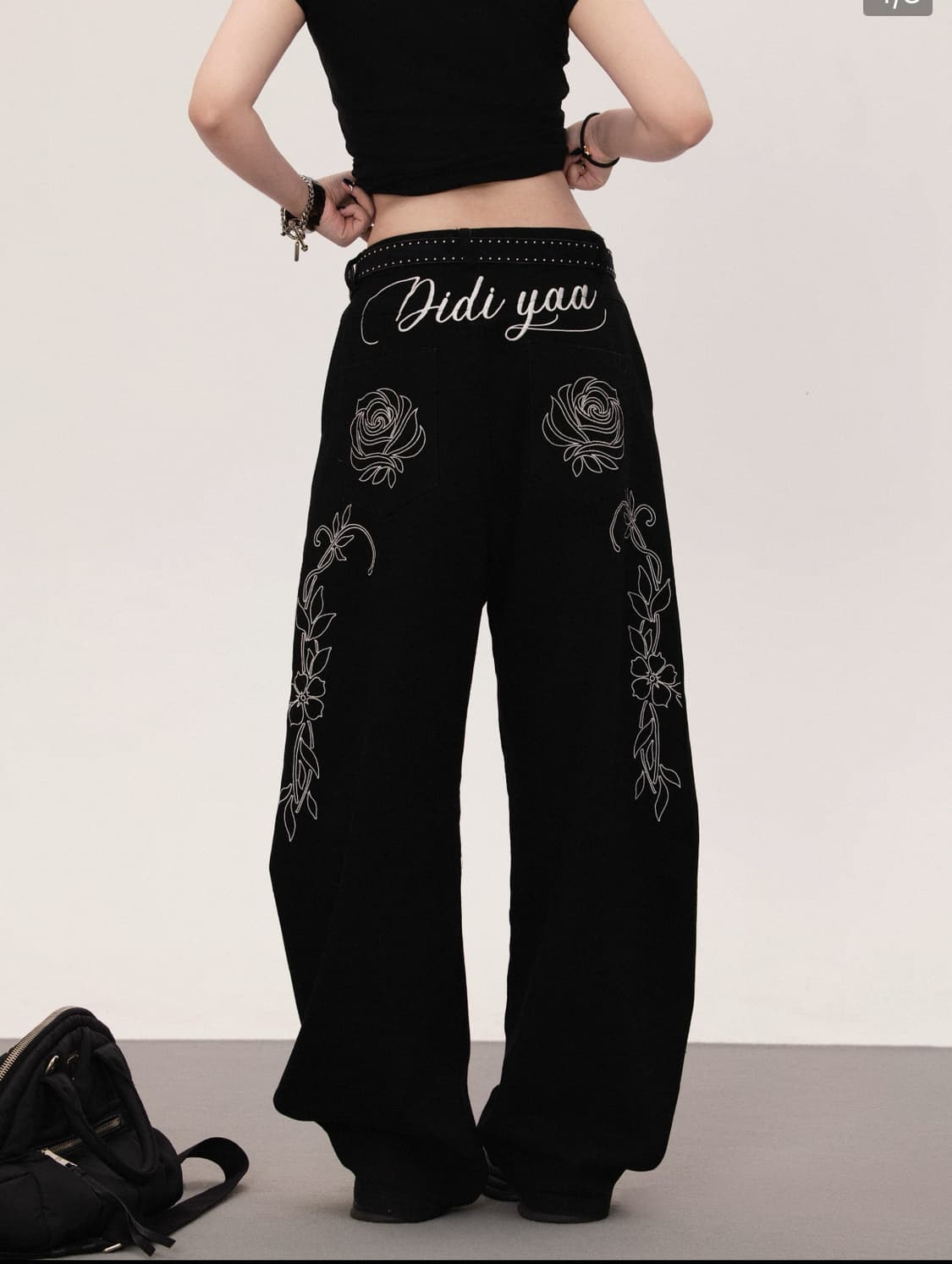 블랙 데님 레터링 장미 플라워 자수 와이드 팬츠 상품이미지1