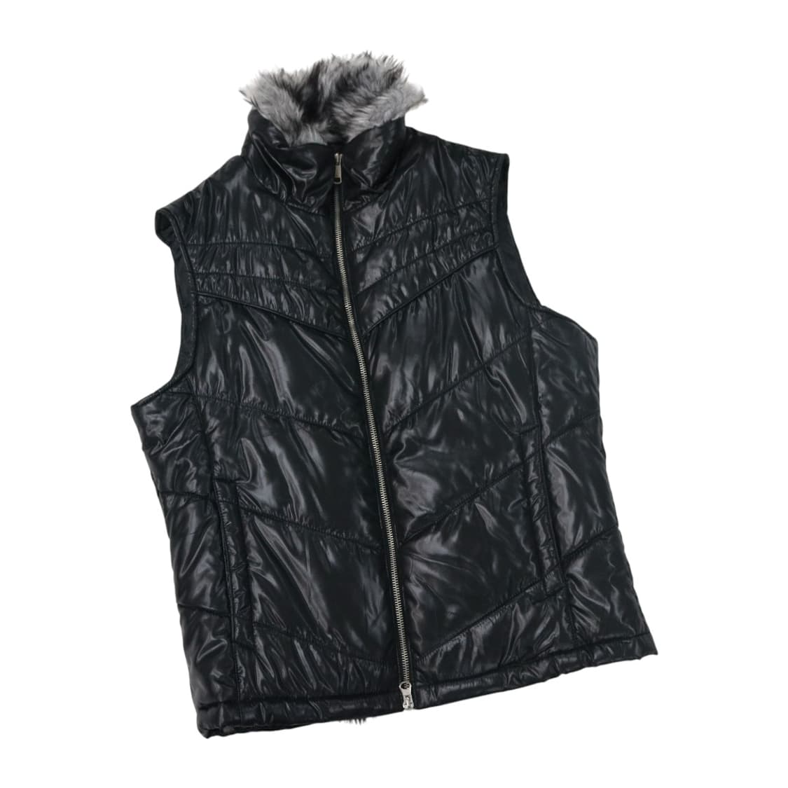 SPINASH 스피나쉬 블랙 글로시 퍼 트리밍 패딩 베스트 (M) 상품이미지1