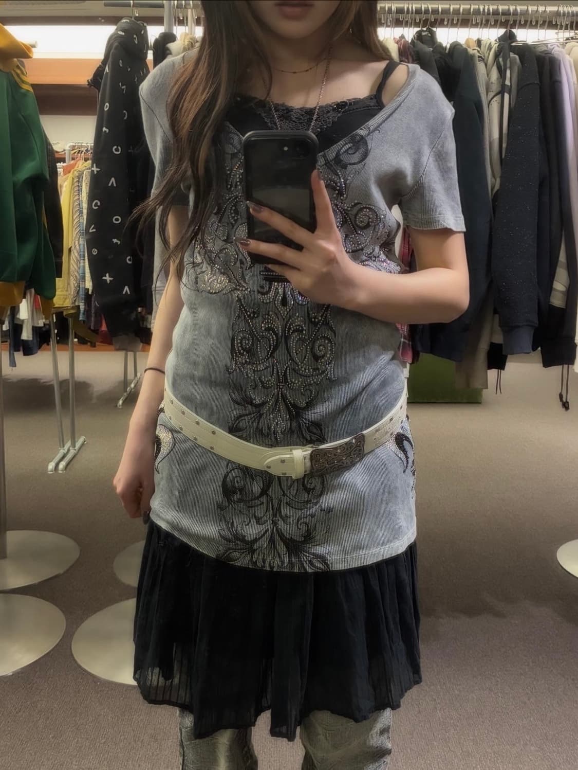 OS)Japanese vintage 여성 고스 디테일 그레이 반팔 상품이미지1