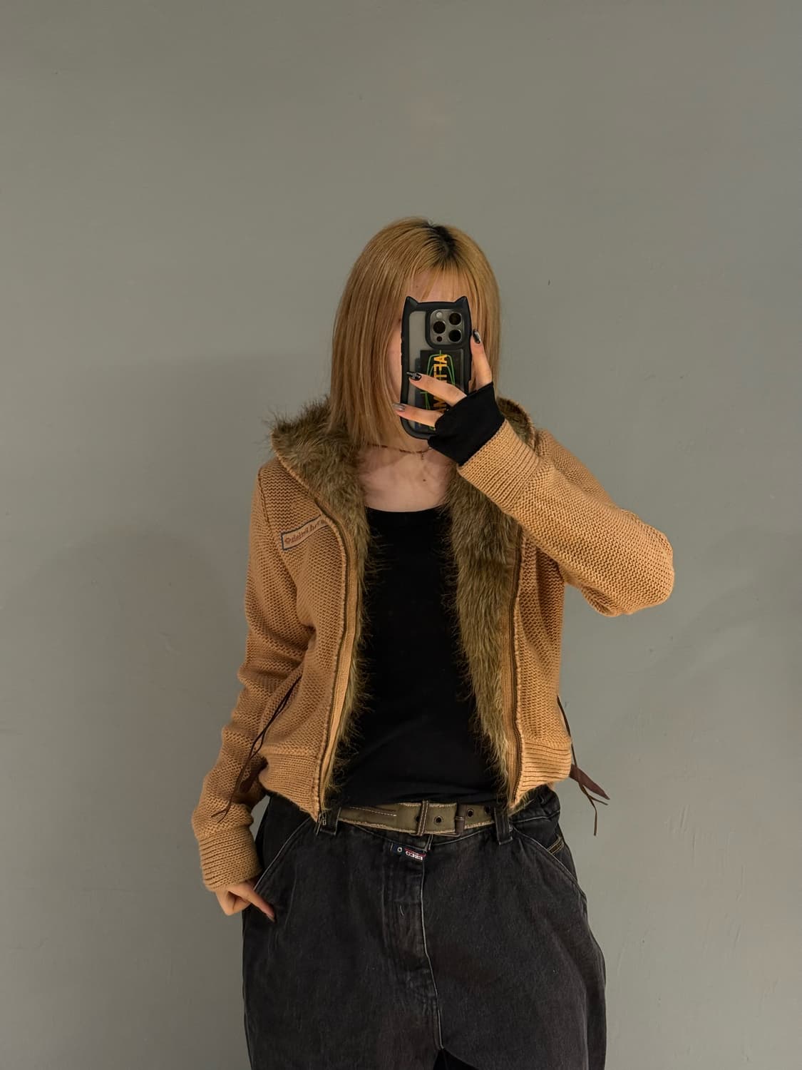 fur trimming point knit hood zip-up  상품이미지1