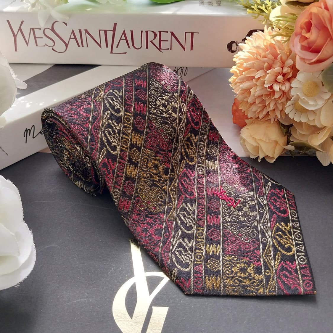 입생로랑 실크 브라운 오리엔탈 패턴 넥타이 9.3cm B등급 K2291 상품이미지2