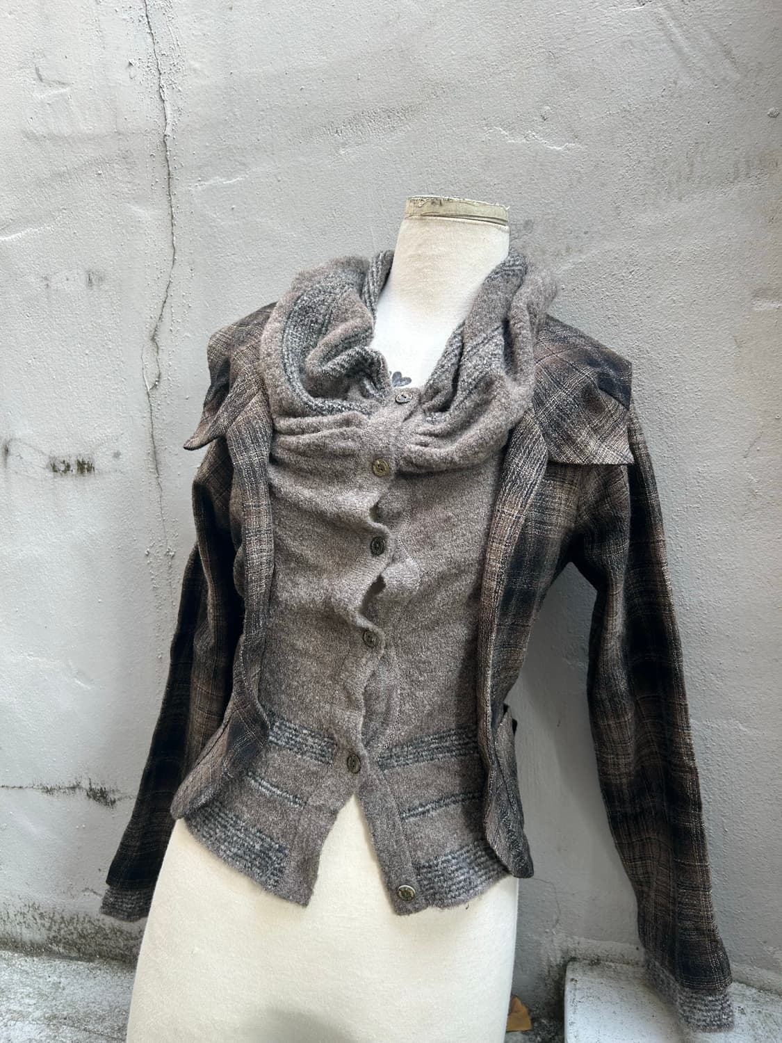 2000s JPN 니혼진 체크 니트 레이어드 셔츠 상품이미지3