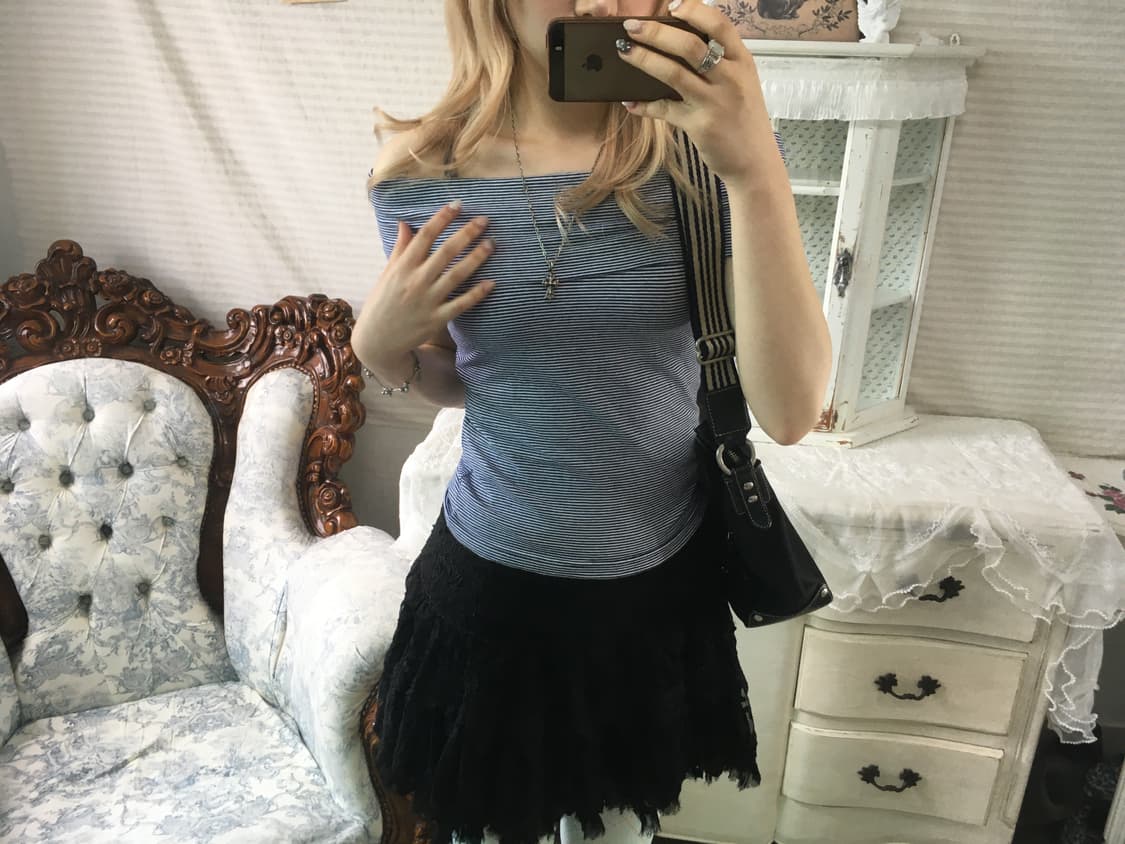 빈티지 스트라이프 오프숄더 딱붙 반팔 상품이미지3