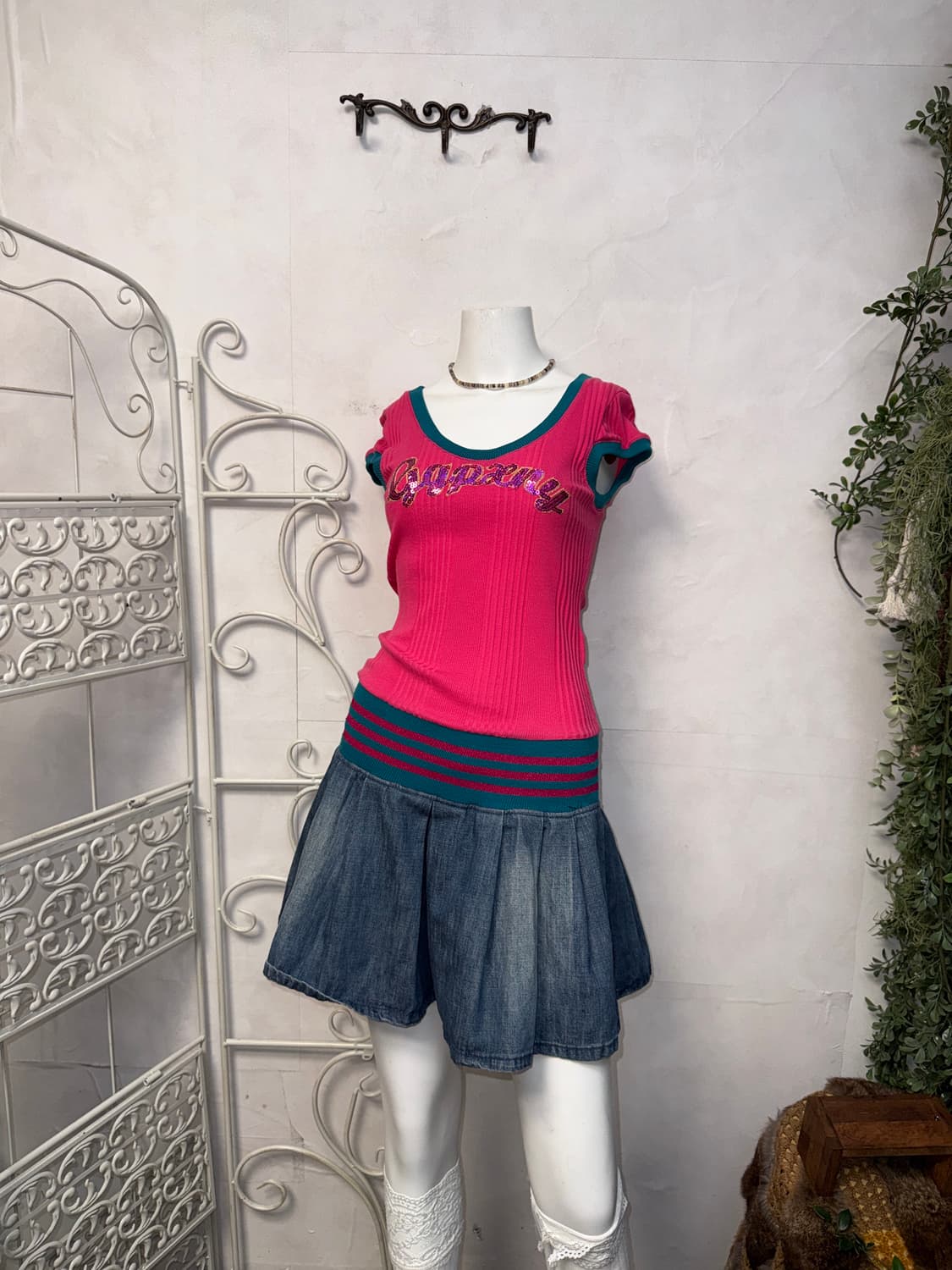 GGPX pink glitter denim pleats ops 상품이미지2