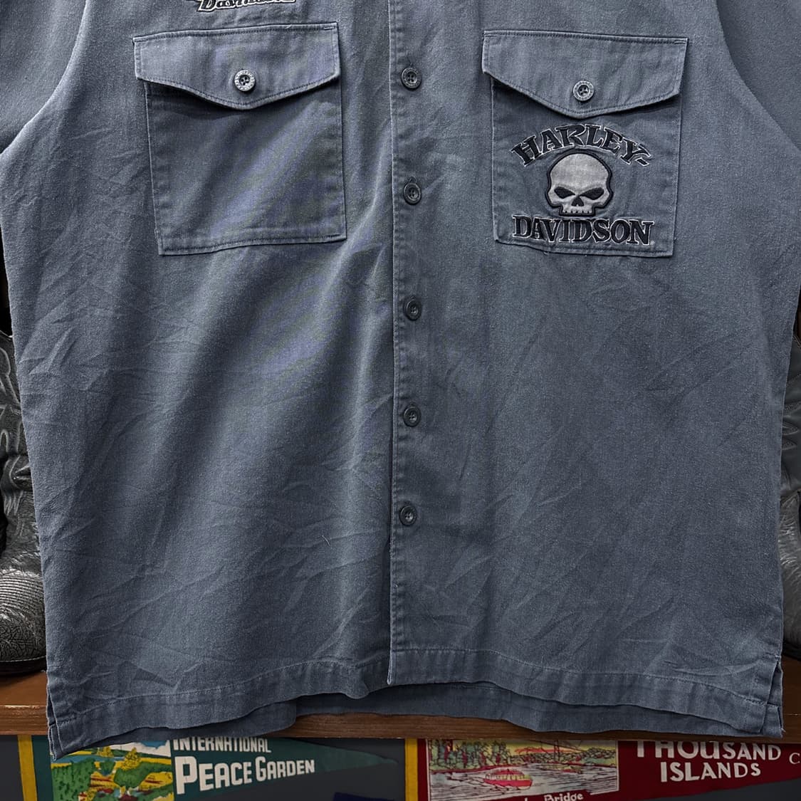 00s 할리데이비슨 윌리 G 스컬 엠브로이드 코튼 바이커 셔츠 N1186 상품이미지4