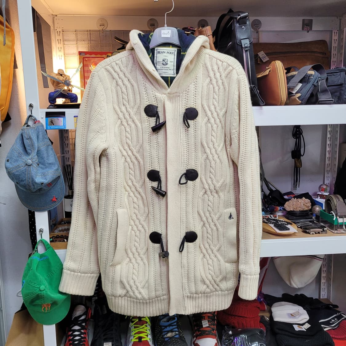 빈폴 아이보리색 후드 꽈배기 니트 집업 떡볶이 가디건 코트 상품이미지1