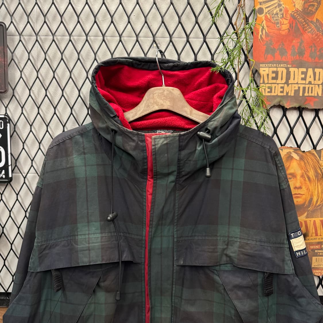 90s 타미힐피거 헤리티지 롱파카 체크 패턴 포인트 네이비 그린 상품이미지3