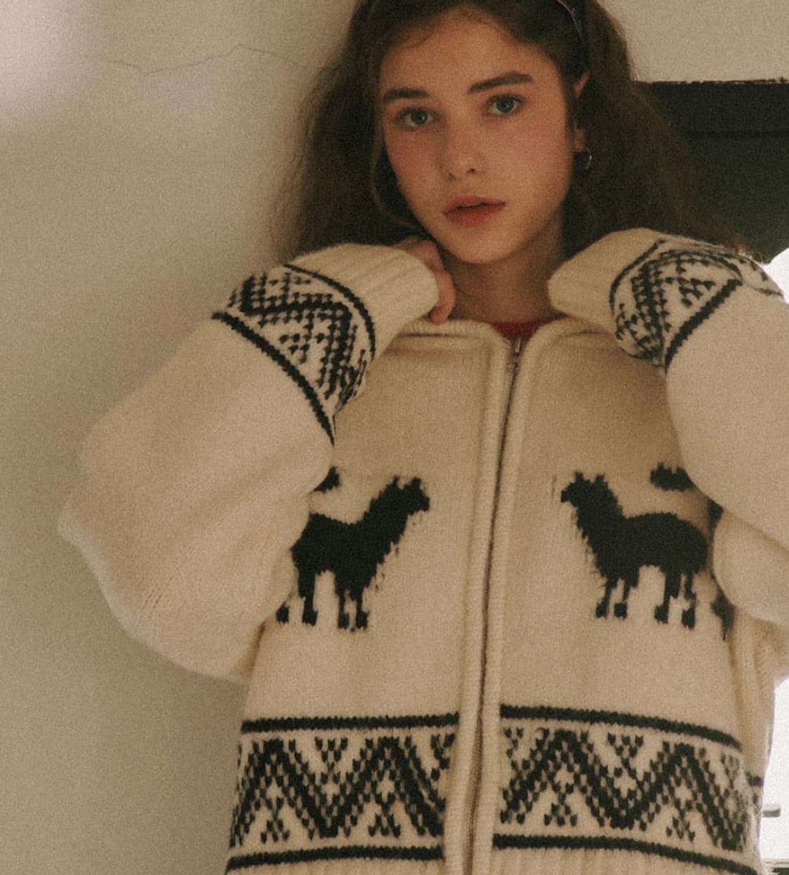 론론 알파카 재큐어드 후드 집업 니트 크림 상품이미지3