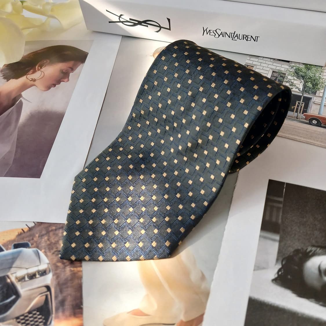 입생로랑 실크 다크그린 골드 패턴 넥타이 9.9cm A+등급 A19087 상품이미지2