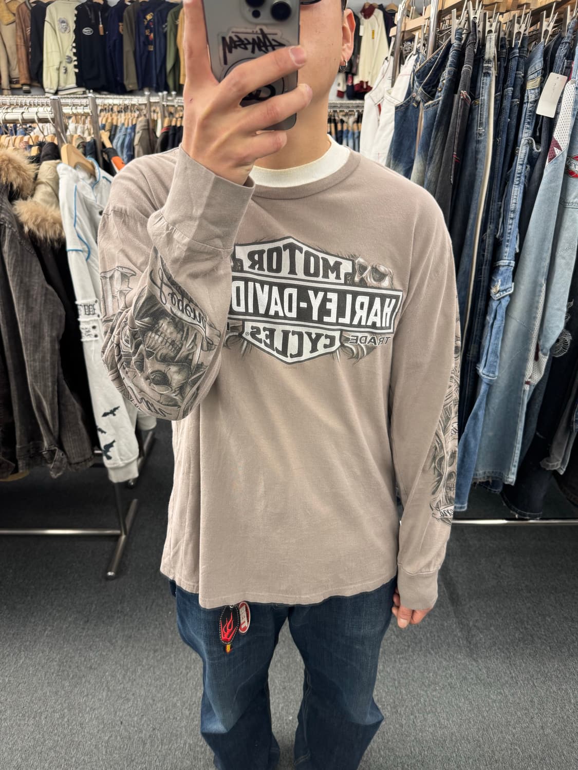 OS)할리데이비슨 빈티지 스컬 프린팅 롱슬리브 상품이미지1