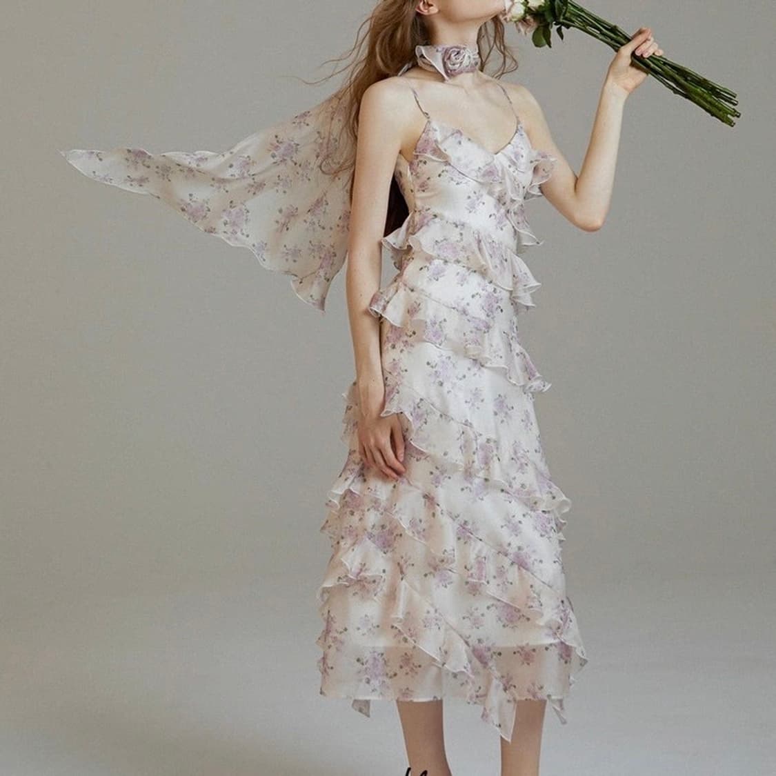 S사이즈) 신스덴 루시 플로랄 프릴 스카프 드레스 휴양지여름나시롱원피스 상품이미지4