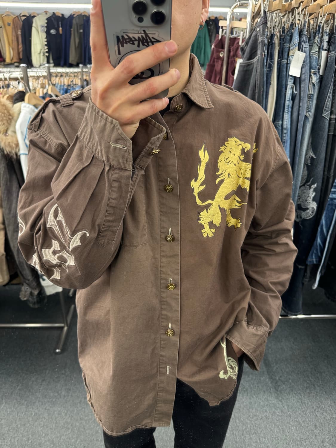2XL)American vintage 프린팅&자수 브라운 셔츠 상품이미지1