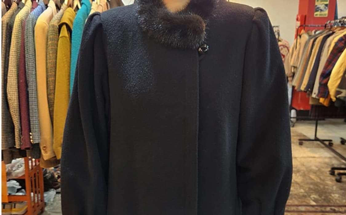 일본 도톰한 친칠라 울 블렌드 리얼 밍크 퍼 블랙 롱 빈티지 코트 상품이미지2