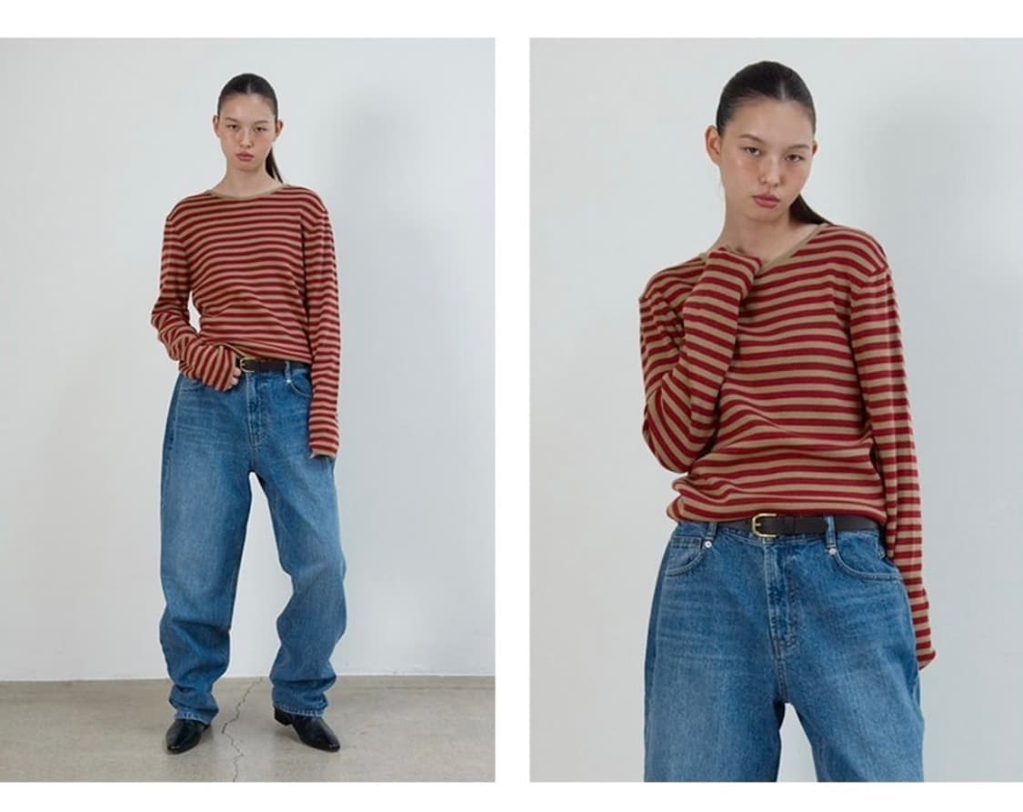 포니테일 콤비 스트라이프 니트 브라운 레드 상품이미지2