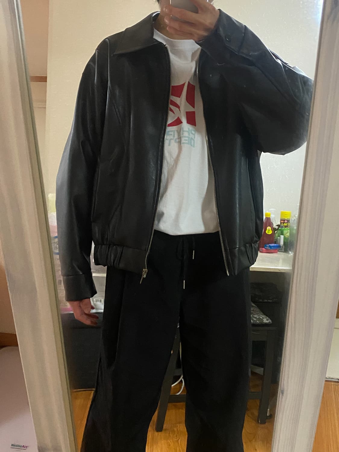 콜릿 - 빈티지 밴딩 오버핏 레더 가죽자켓 (블랙/free) 상품이미지5