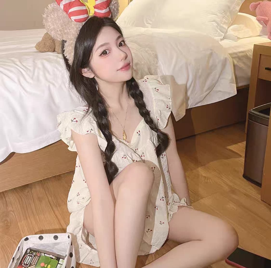 체리 패턴 프릴레이스 민소매티셔츠+팬츠 여성 잠옷 세트 파자마 상품이미지3