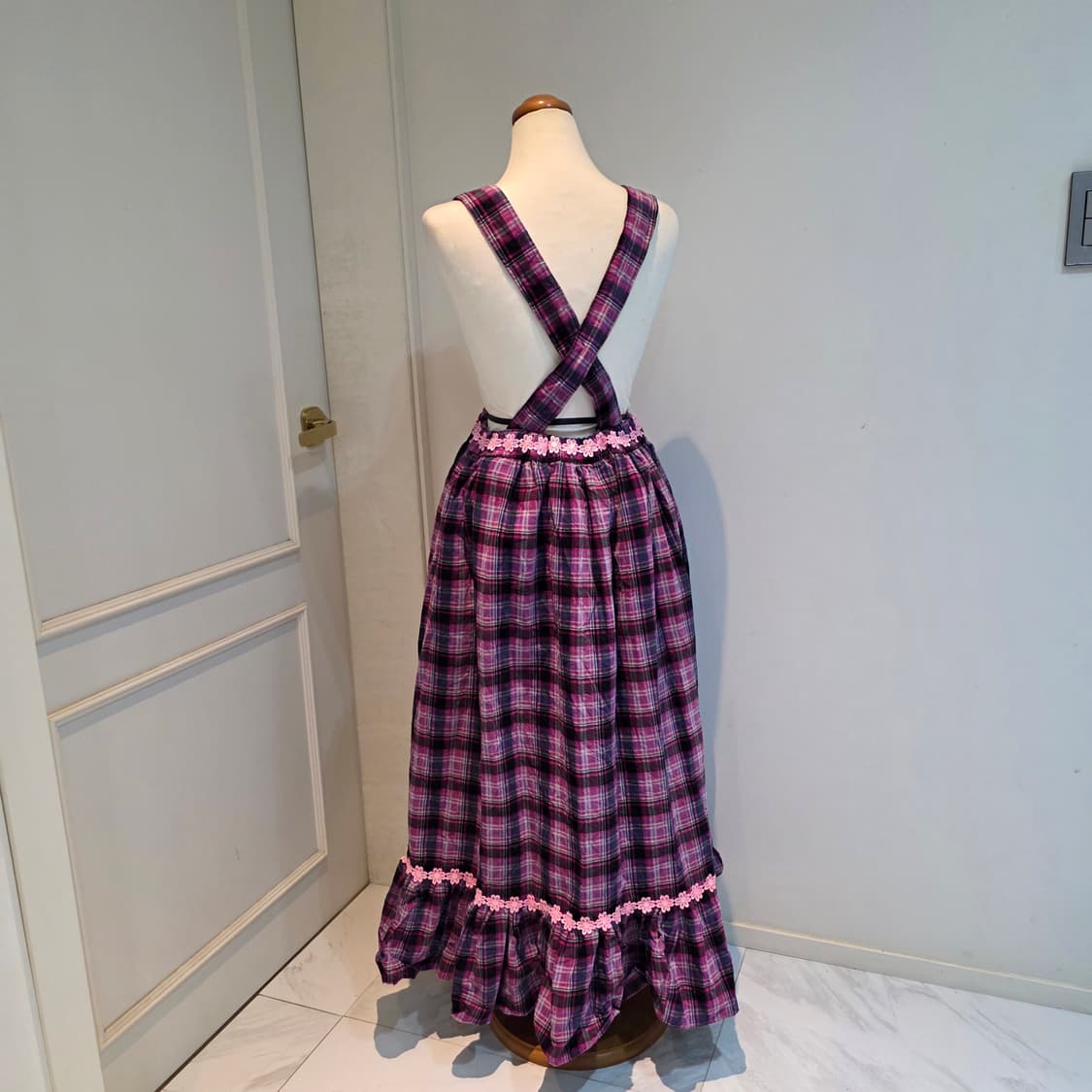 핑크x퍼플 체크패치워크 꽃자수 모리걸 앞치마깔st 롱원피스 상품이미지2