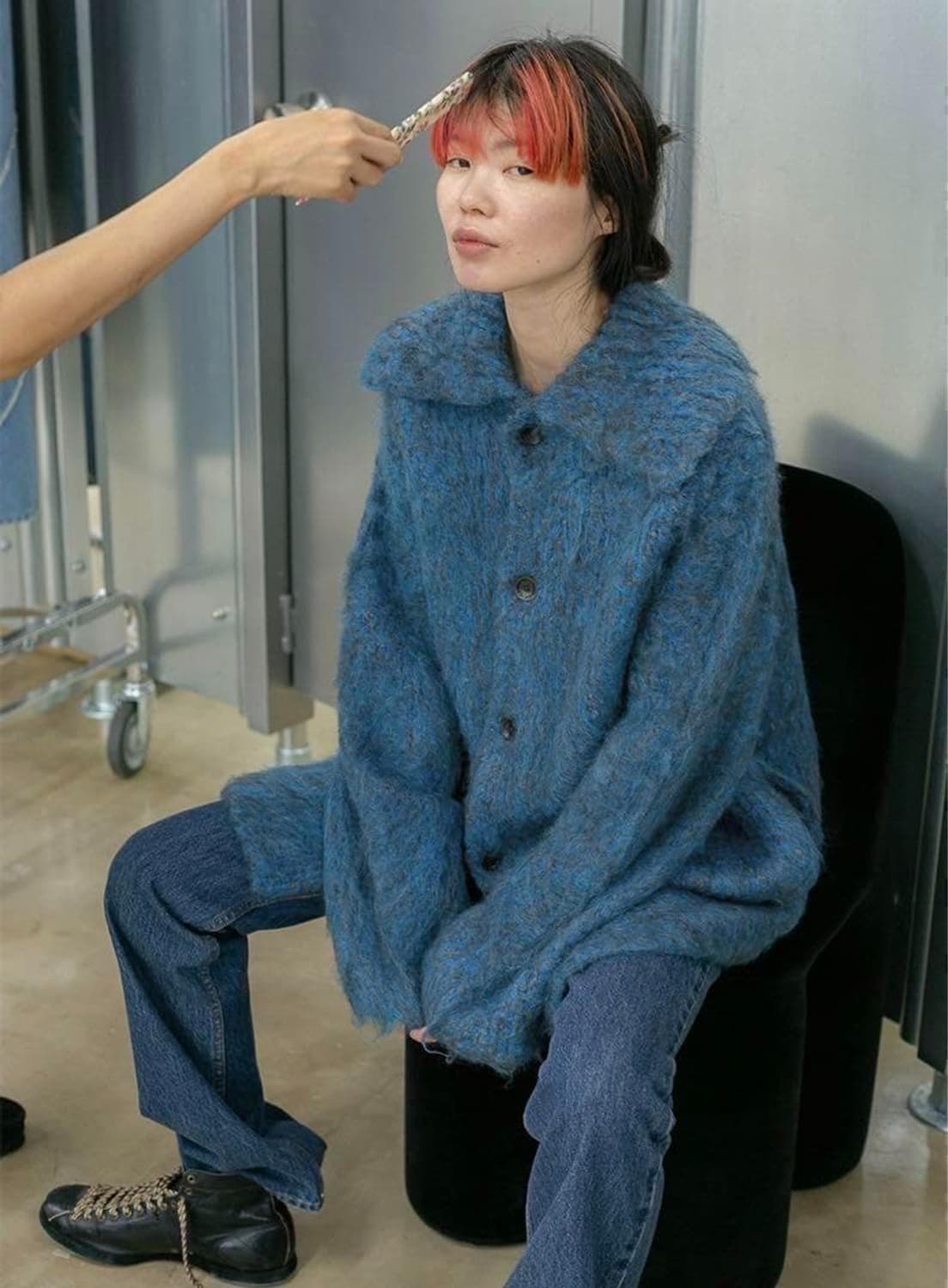 perverze 퍼버즈 테디 니트 코트 블루 상품이미지1