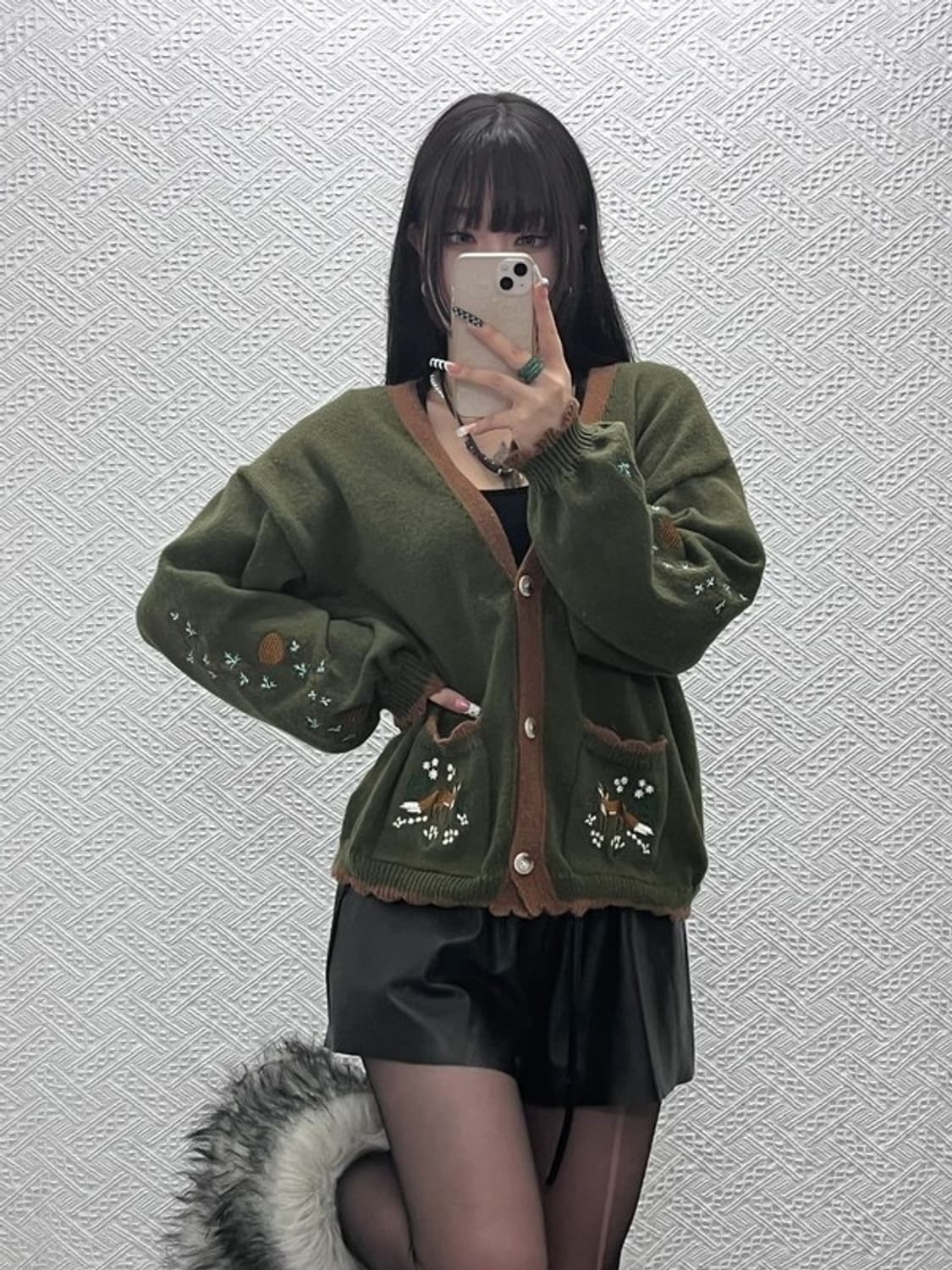 빈티지 코지 모리걸 여우 자수 말차카키 가디건 XL C10296 상품이미지1