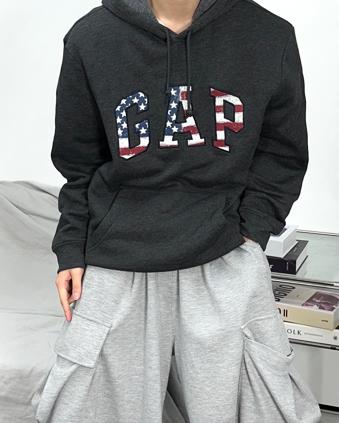 갭 차콜 성조기 빅로고 후드티 L 상품이미지2