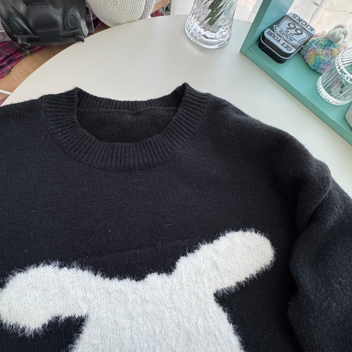 블랙 화이트 토끼패턴 니트 긴팔 스웨터 상품이미지9