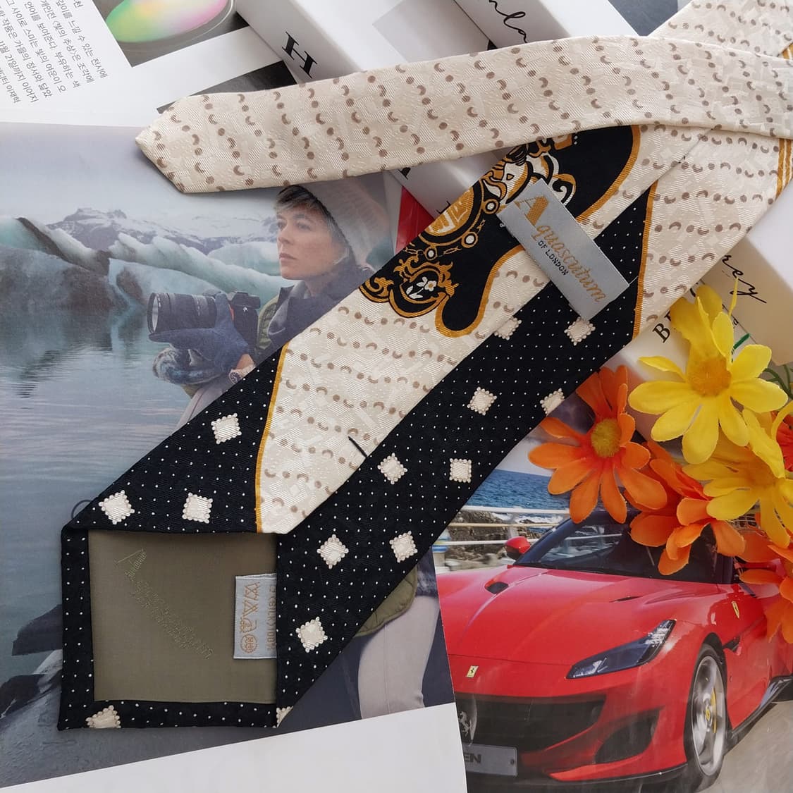 아쿠아스큐텀 아이보리 & 블랙 패턴 넥타이 9.5cm A+등급 K2587 상품이미지5