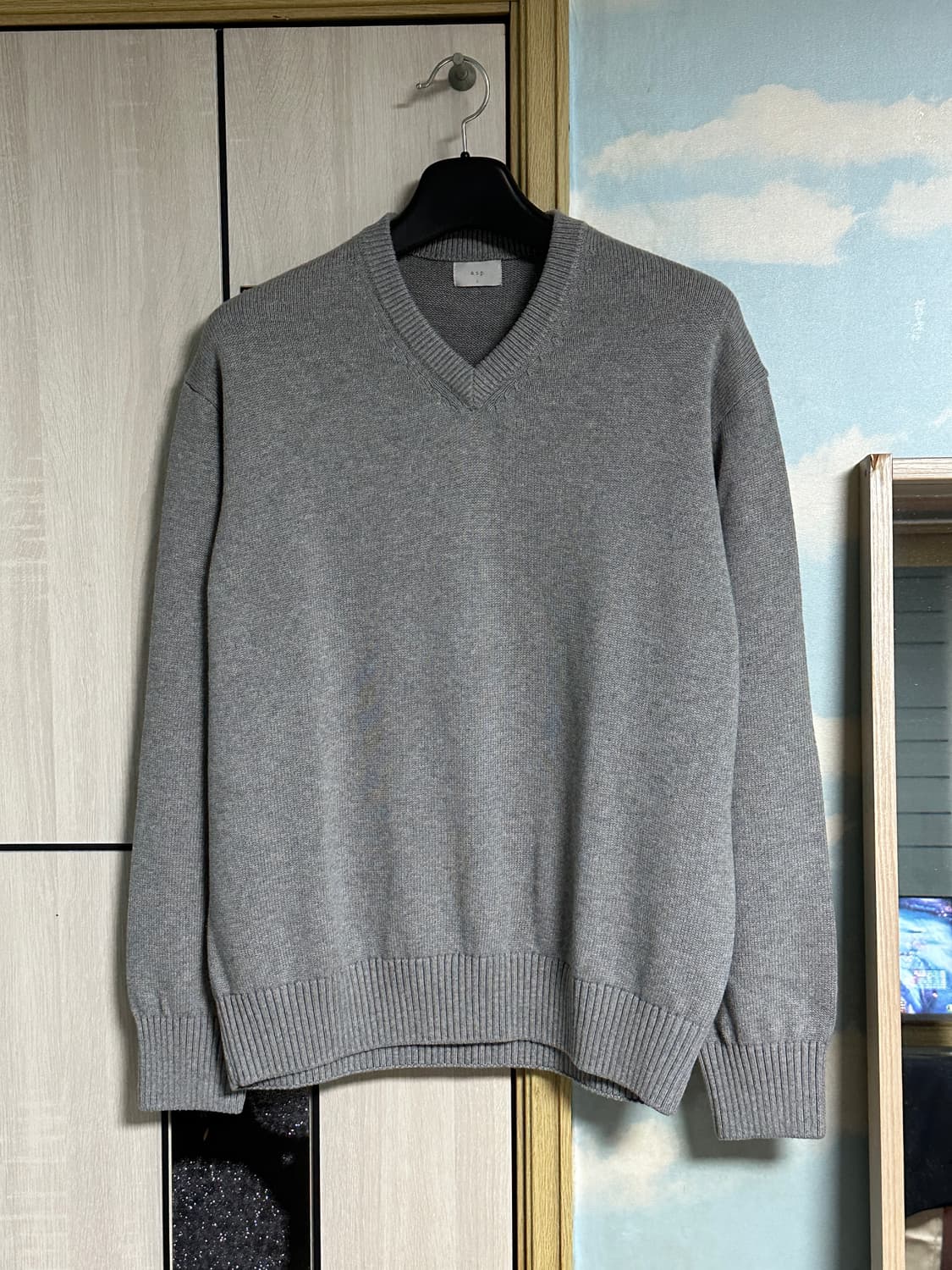 (L) 애습 코튼 브이넥 니트 멜란지 그레이 상품이미지2