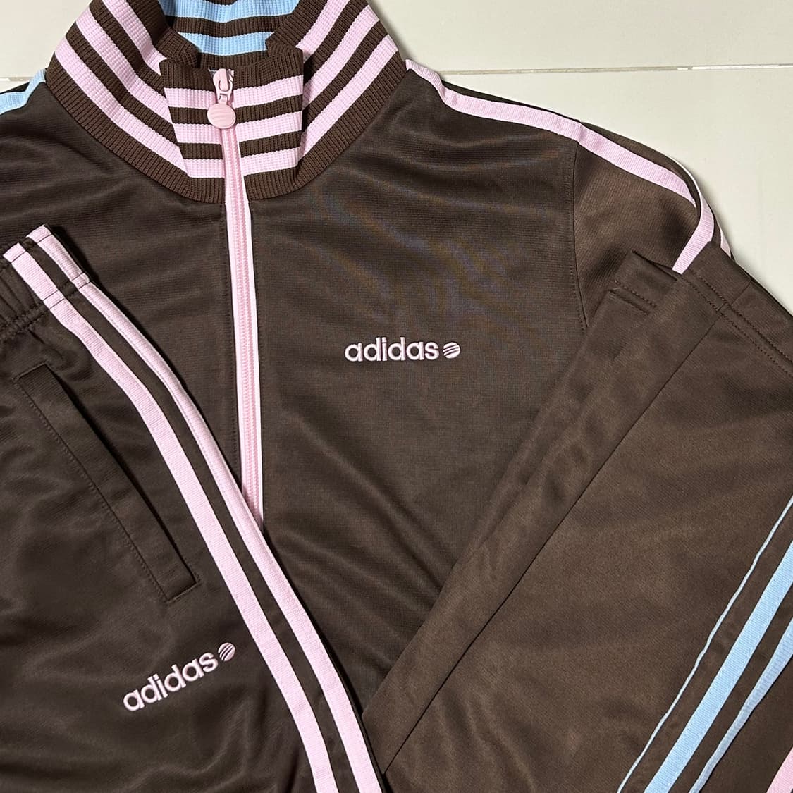 아디다스 솜사탕 브라운 하늘 분홍 져지, 팬츠 셋업 상품이미지2